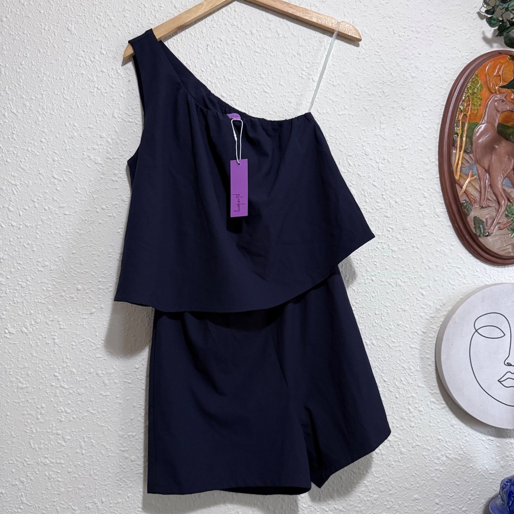 New Plumberry women's S‎ Navy Blue One Shoulder Tiered Romper casual polyester